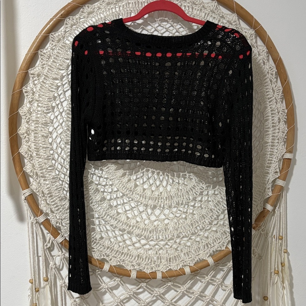 SHEIN Black Crochet Crop Long Sleeve Top